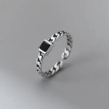 100% Твердые кольца из стерлингового серебра 925 пробы с черным камнем в стиле Ретро Для женщин, Простые модные вечерние подарки в стиле ретро, Аксессуары
