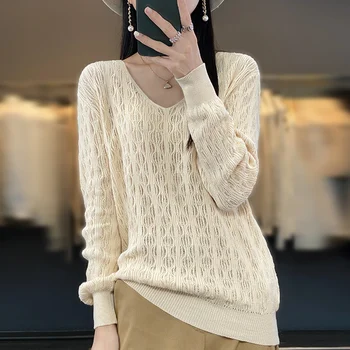 2023 Весенний Новый Хлопковый вязаный пуловер с V-образным вырезом, женские модные топы в корейском стиле, удобный и универсальный Свободный свитер, бесплатная доставка