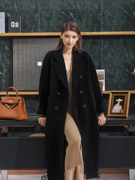 2023 новое осенне-зимнее утолщенное двустороннее кашемировое пальто, женское шерстяное пальто средней и длинной длины из высококачественной черной шерсти