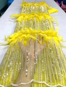 3D Кружевная ткань из перьев Ярко-желтого Цвета 2023, Высококачественная Французская Африканская Кружевная ткань, Тюль с вышивкой, Кружевные ткани для Свадьбы, 5 ярдов