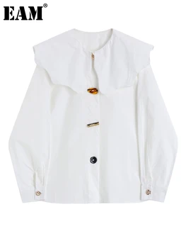 [EAM] Женская Винтажная Блузка на белых Пуговицах Большого Размера, Новая Рубашка с воротником 