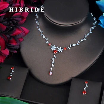 HIBRIDE, красивый цветок, Красный Кубический Цирконий, ювелирные наборы для женщин, Серьги, Ожерелье, Аксессуары для Свадебного платья, Подарки N-490