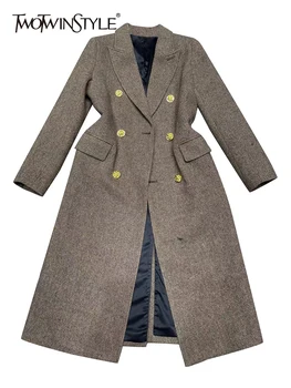 TWOTWINSTYLE Шерстяное Двубортное пальто для женщин с Лацканами и Длинным рукавом, Однотонные минималистичные Толстые пальто, Женская одежда, Новый Стиль 2022