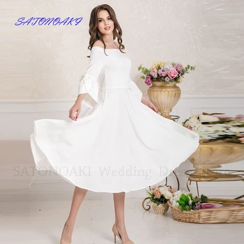 Vestido De Novia Элегантное простое атласное короткое свадебное платье с открытыми плечами и расклешенными рукавами чайной длины для невесты Robe Mariée на заказ