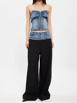 y2k весна/лето, женские брюки из джинсовой мешковины с высокой талией, сращивание, корейская мода, свободная прямая широкая одежда для женщин