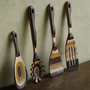 Бытовая Посуда в стиле ретро в Марокканском стиле, деревянная Лопатка для Кастрюли, Кухонная деревянная Лопатка, Дырявая ложка, Набор кухонной утвари