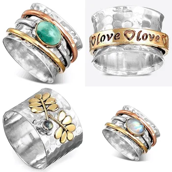 Винтажное, Посеребренное, двухцветное, зеленое, из натурального камня, Широкое кольцо Для женщин, Эффектное кольцо для вечеринки в стиле Бохо, модные ювелирные изделия, подарок