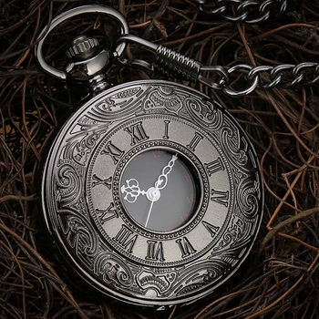 Винтажные карманные часы с античным римским номером, кварцевые карманные часы в стиле стимпанк, Черная открытая подвеска, Цепочка для часов, Ожерелье, мужской подарок