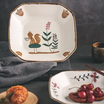 Высококачественная керамическая тарелка с ручной росписью, Глубокая фруктовая тарелка, тарелка для салата, бытовая креативная посуда. тарелка для ужина с белкой