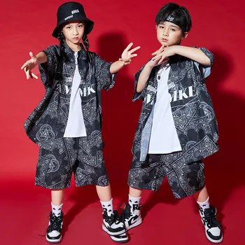 Детская одежда в стиле хип-хоп, черная Геометрическая рубашка Оверсайз в стиле Харадзюку, топ, Уличная одежда, Летние шорты для девочек, Танцевальный костюм для мальчиков, одежда