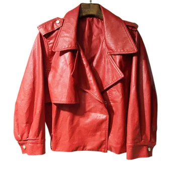 Женская Весенняя Красная Кожаная куртка, Свободные Куртки из искусственной кожи с длинным рукавом для девочек, Мотоциклетные пальто из искусственной кожи, Модная Уличная одежда