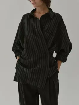 Женская Свободная блузка в винтажную полоску с длинным рукавом, Женская модная рубашка на нерегулярных пуговицах и топы с карманом, новинка 2023 года