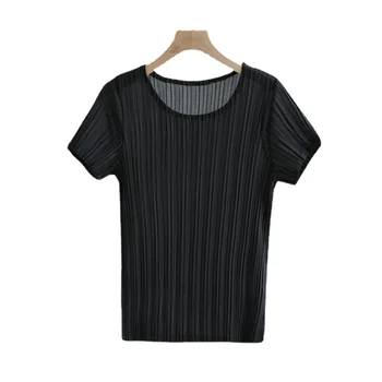 Женская футболка с короткими рукавами в складку, летняя тонкая стрейчевая футболка с круглым вырезом, универсальный облегающий плиссированный топ для похудения 2023