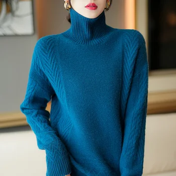 Женский свитер из чистой шерсти, Осенне-зимний Новый Толстый пуловер с высоким воротом, Тонкая трикотажная основа, Свободный модный топ