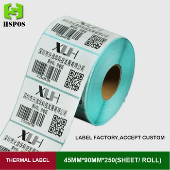 Качественная наклейка-этикетка 45mmx90mm 250pcs one roll thermal white blank paper can customized logo self adhesive printing papel