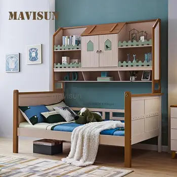 Комбинация шкафов для детской кровати из цельного дерева, Современная многофункциональная компактная односпальная кровать-татами для подростков, понравившаяся мальчикам