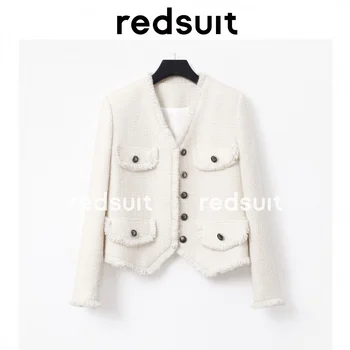 Минималистичный дизайн с V-образным вырезом, плотное пальто в стиле знаменитостей, маленькое ароматное пальто, универсальный белый топ из твидовой шерсти