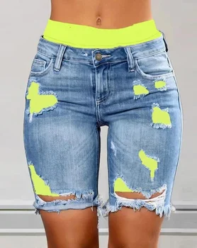 Модные женские джинсы 2023 Лето Новый Цветной блок С буквенным принтом Рваные Повседневные джинсы Обтягивающие Уличная одежда с высокой талией Yk2 Джинсовые шорты