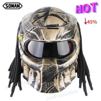 Мотоциклетный шлем с лазерным лучом Predator SM957, Ретро-Клыки, Полный шлем, Плетеный шлем, Стеклянный Стальной шлем Predator, casco для мотокросса