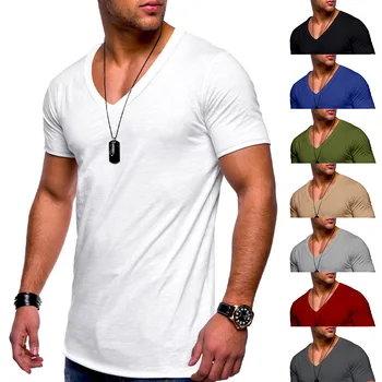 Мужская спортивная Повседневная летняя одежда с короткими рукавами, облегающая фигуру, тонкий стиль, однотонная футболка с глубоким V-образным вырезом, мужской топ с короткими рукавами