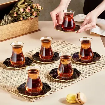 Набор декоративных стеклянных чайных чашек из 12 предметов, дизайн позолоченной пирамиды, набор стеклянных чайных чашек в турецком стиле, набор для гостей и подарков