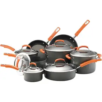 Набор кастрюль и сковородок с антипригарным покрытием из твердого анодированного металла, набор кухонной посуды, серый с оранжевыми ручками