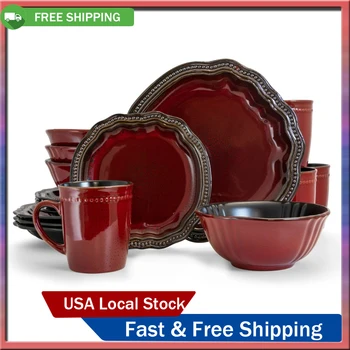 Набор керамической посуды Regency из 16 предметов в красных тарелках