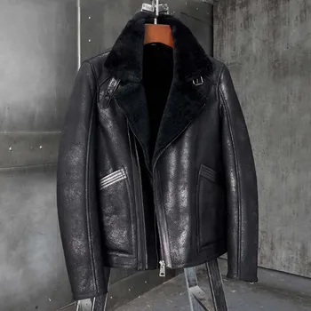 Новая мужская дубленка B3, черная кожаная куртка, короткое меховое пальто, мотоциклетные парки