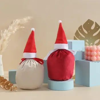 Рождественские Сумки для конфет на шнурке, Красная Бархатная шляпа Санта-Клауса, сумки для конфет, Подарочные упаковочные пакеты, декор для домашней Праздничной вечеринки