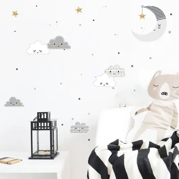 Серо-белый цвет, Краткие штрихи, Мультяшные наклейки на стену с Луной и облаками для украшения детской комнаты, мебельный декор, наклейки на стены, фрески