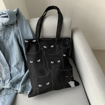 Специальная Черная холщовая сумка с рисунком кота из мультфильма, женская забавная Повседневная сумка для покупок большой емкости, эко-сумка, милая сумка для покупок