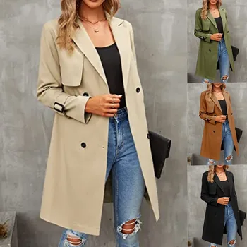 Тренч для женщин 2023, Женская двубортная ветровка, Классическое пальто-поло, приталенное пальто, Женские куртки