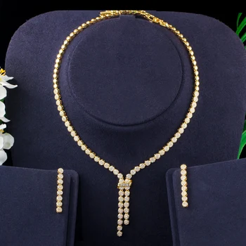 Три шнурка, Модный золотой цвет, блестящий кубический цирконий, Элегантное вечернее ожерелье и серьги, ювелирный набор для женщин, аксессуары TZ969