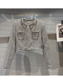 Хай-СТРИТ, Новейшая Модная дизайнерская куртка 2023, Женская металлическая цепочка с карманом, короткая куртка из твида в клетку 