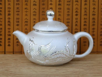 Чайник из чистого Серебра, Маленький чайник ручной работы, матовый рисунок Дракона и Феникса, подарок высшего качества